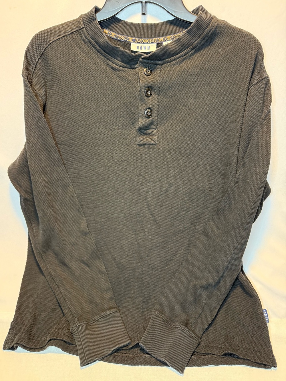 ROWM Black Waffle Knit Henley Thermal Long Sleeve Shirt Size XL